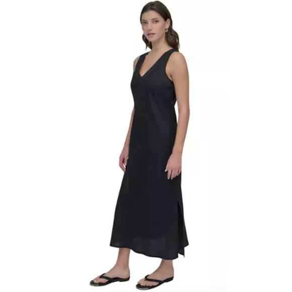 DKNY Pure Linen V-neck Maxi Dress size XL, Black | NEW $115 - Picture 2 of 7